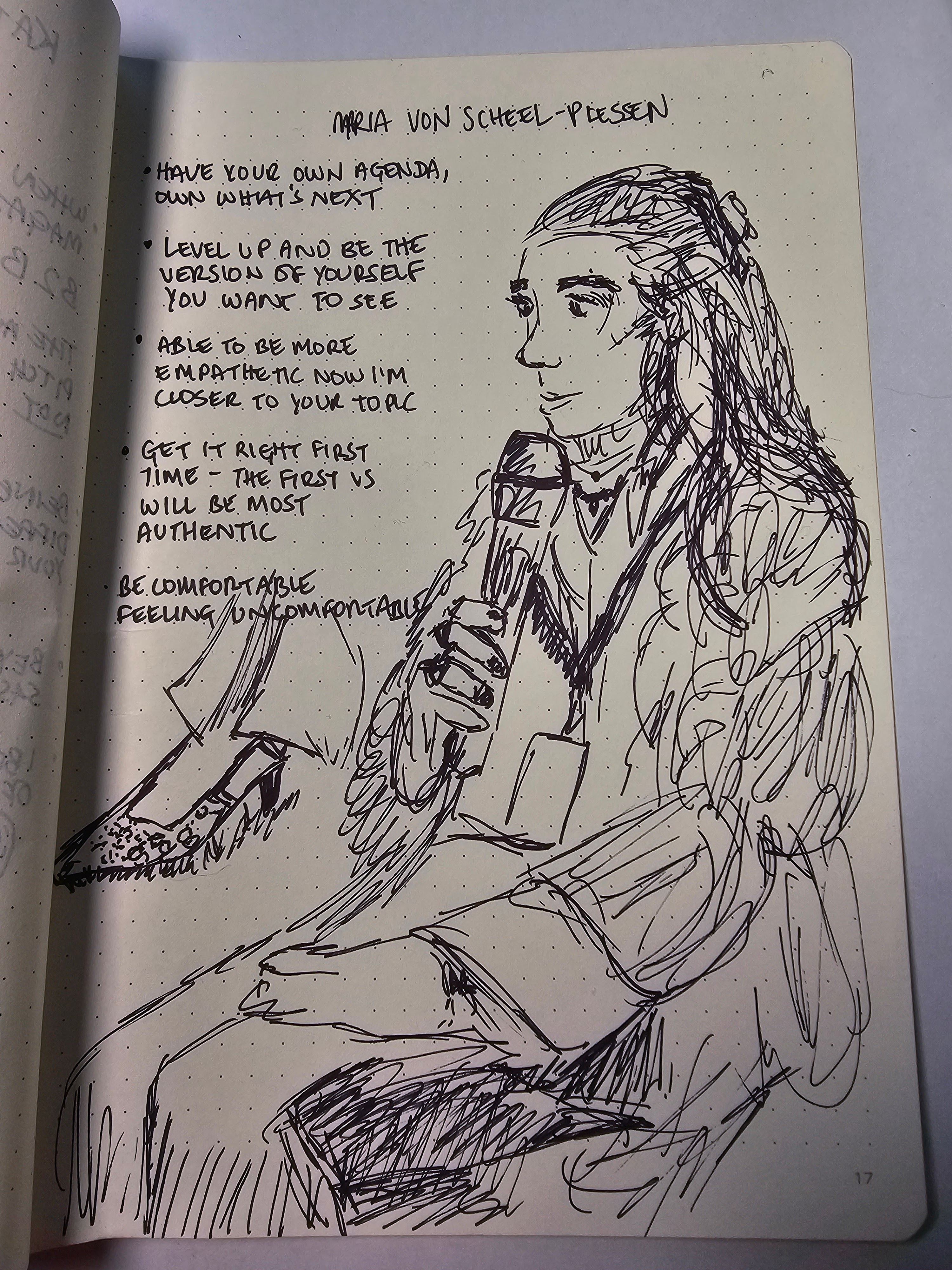 Sketch of Maria, an incredibly stylish woman wearing a frilly jacket. Have your own agenda, own what's next, level up and be the best version of yourself you want to see. Able to be more empathetic now I'm closer to your topic. Get it right first time - the first version will be most authentic. Be comfortable feeling uncomfortable.