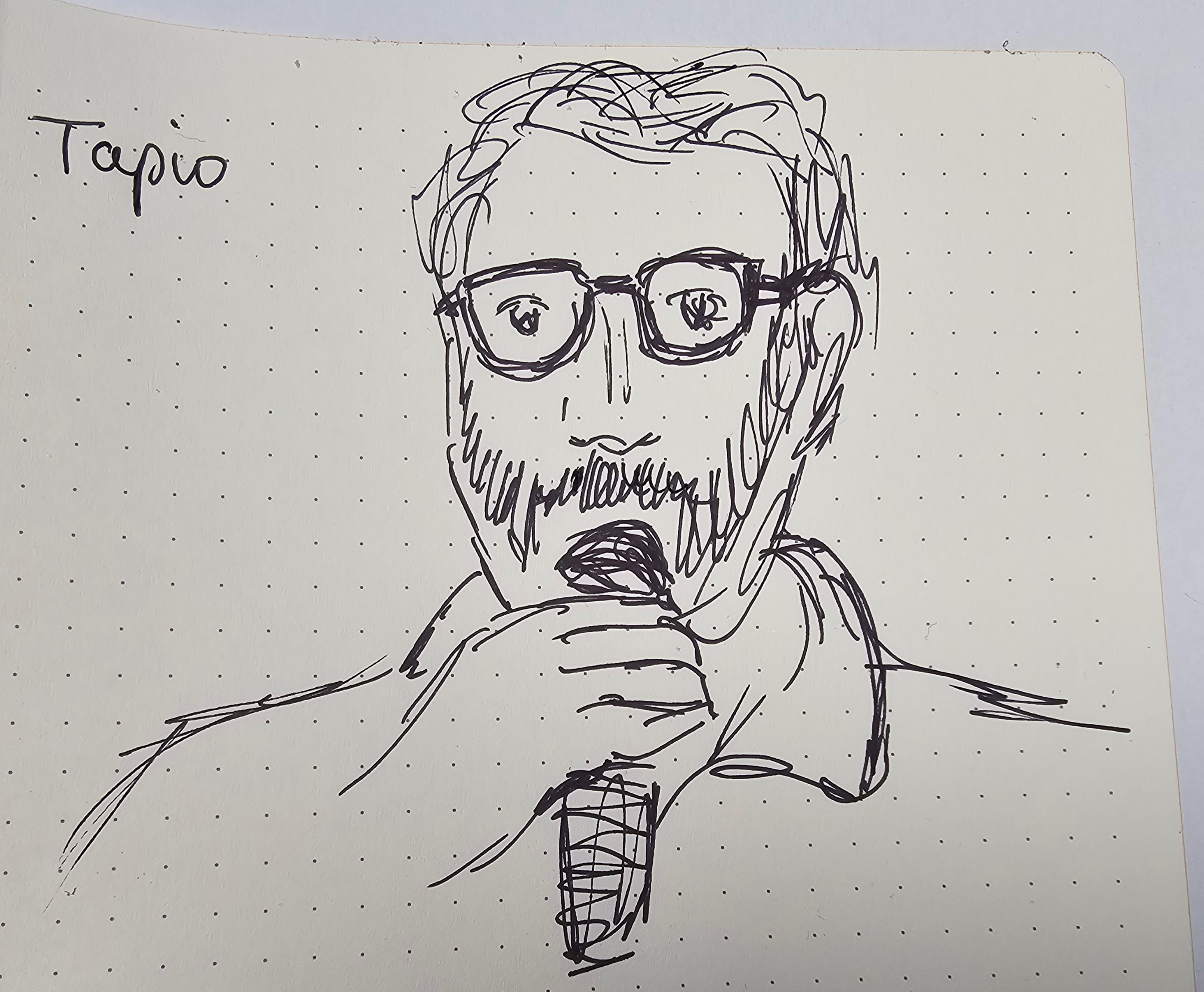 Sketch of Tapio, a man with short hair and glasses