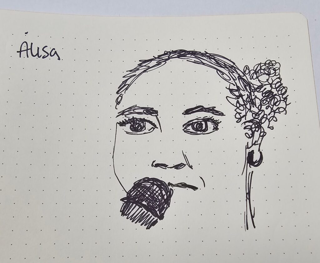 Sketch of Alisa, a woman with black afro hair, with a mic