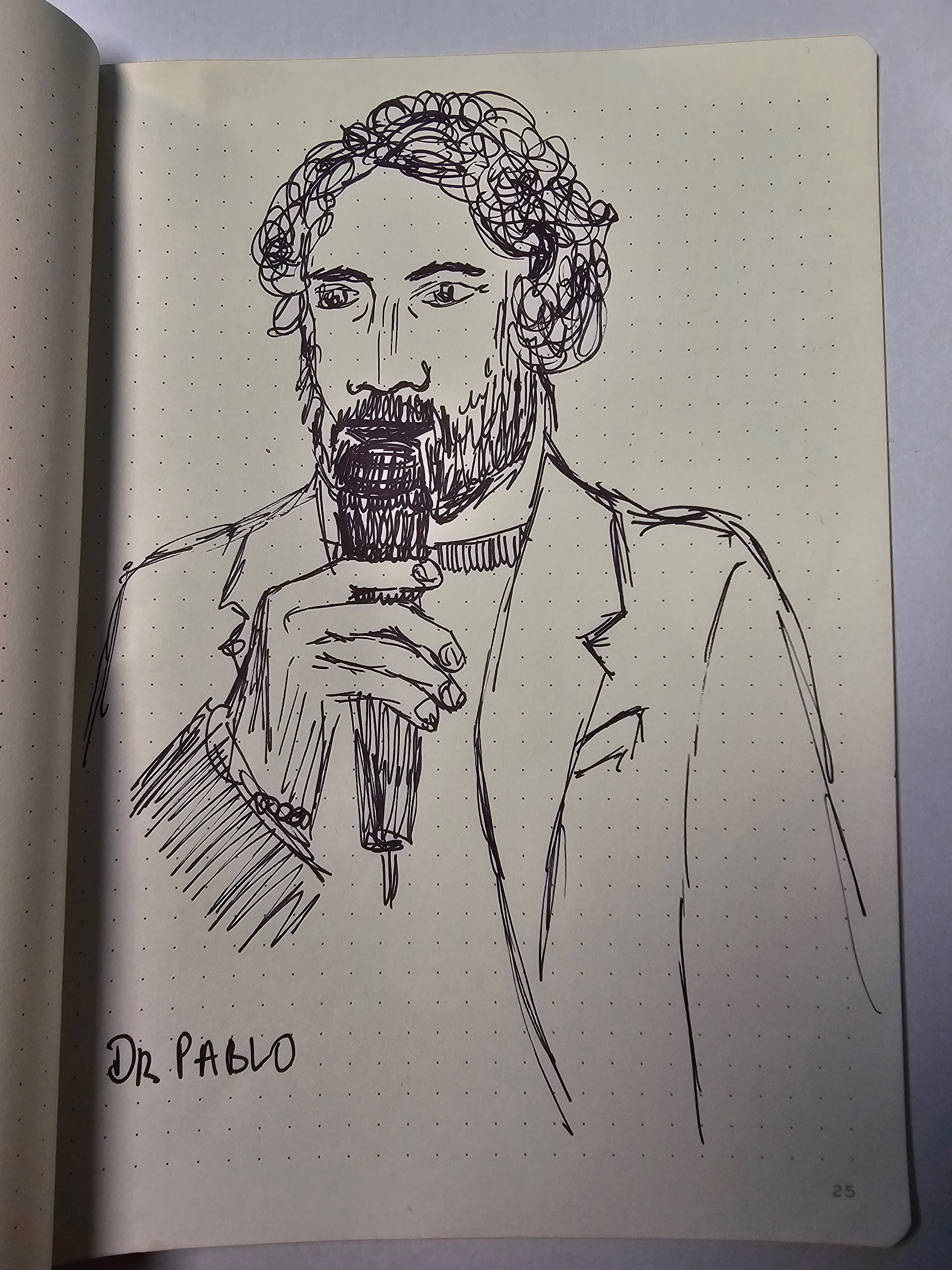 Sketch of Dr Pablo, who looks like an impossible combination of Joe Manganiello and Jason Mantzoukas