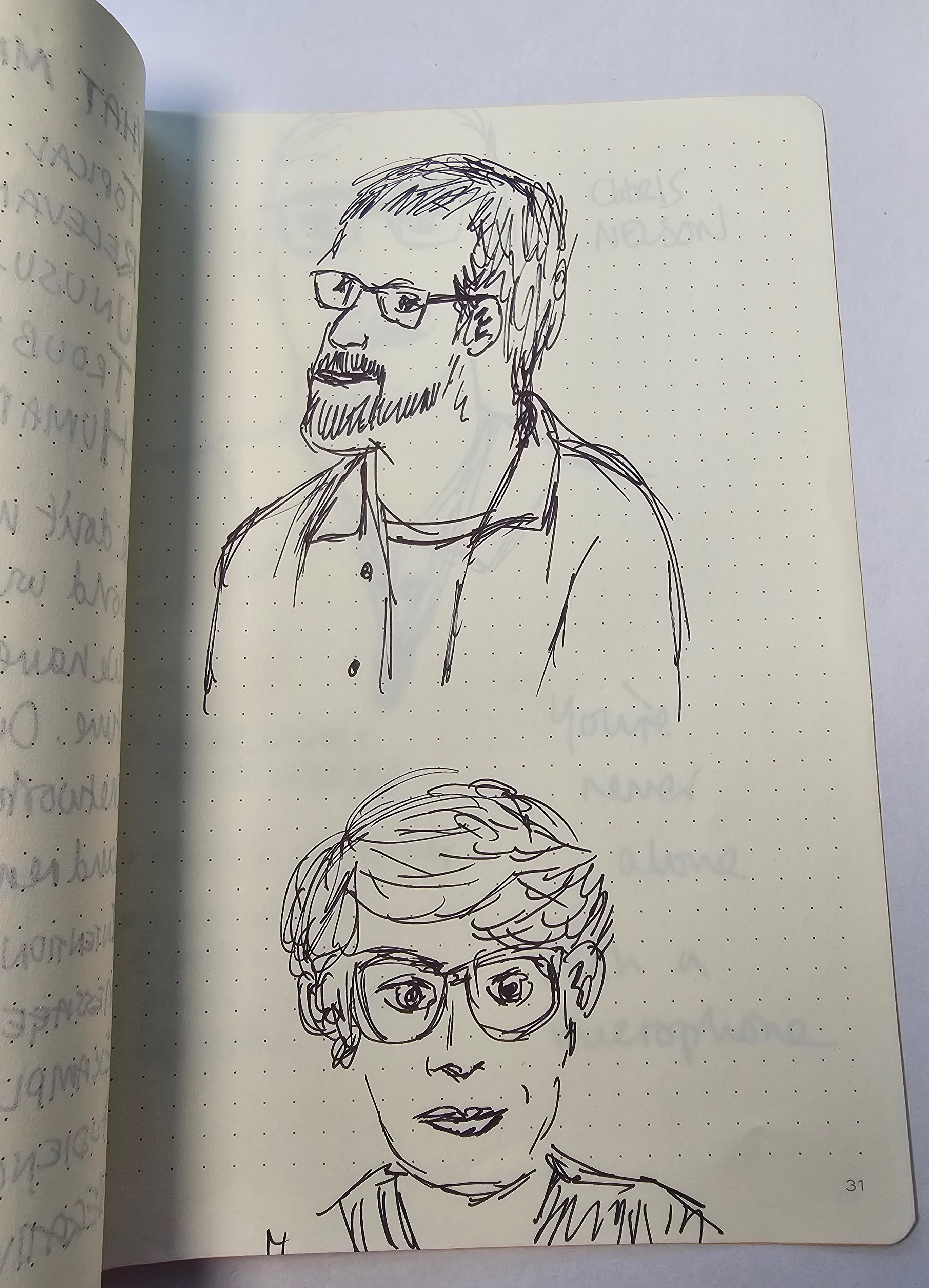 Sketch of Andreas, a man wearing glasses, and Ann, a woman in glasses with short hair