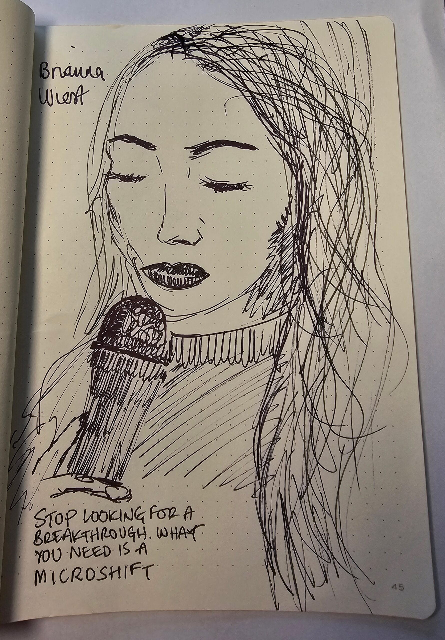 Sketch of Brianna Wiest, impossibly beautiful to capture - stop looking for a breakthrough, what you need is a microshift.