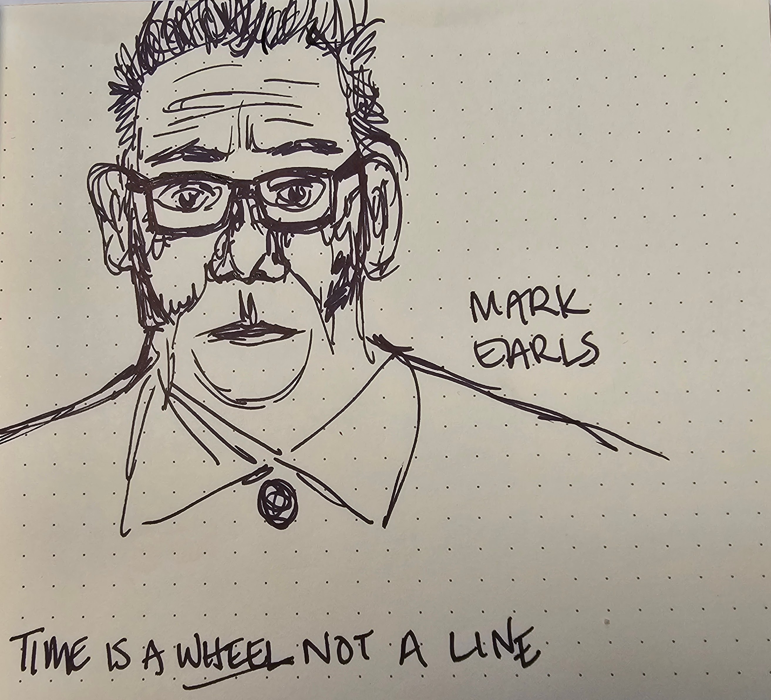 Sketch of Mark Earls, who looks nothing like this sketch. Time is a wheel, not a line