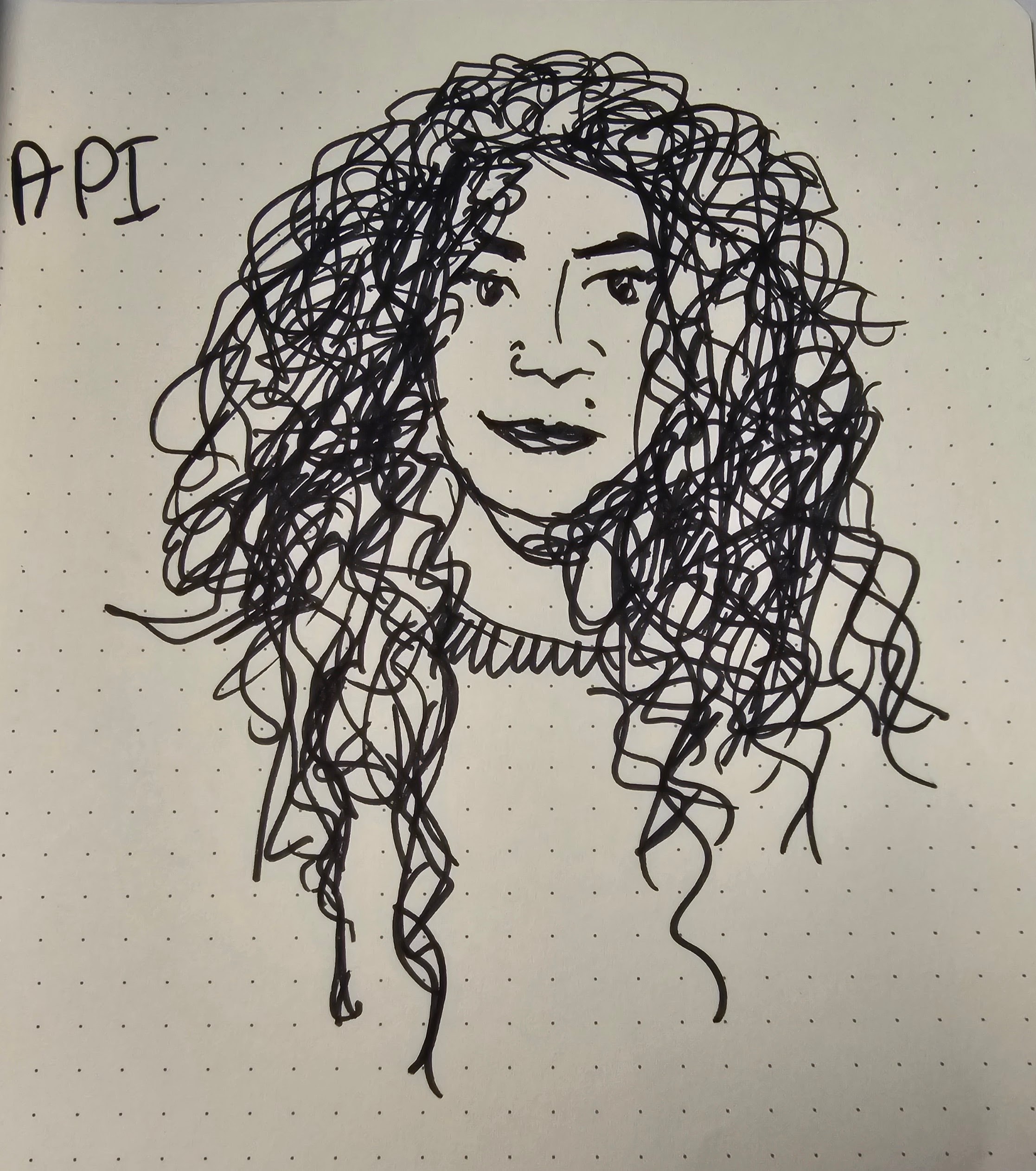 Sketch of Apameh, who has magnificent curly hair and is more beautiful than this suggests