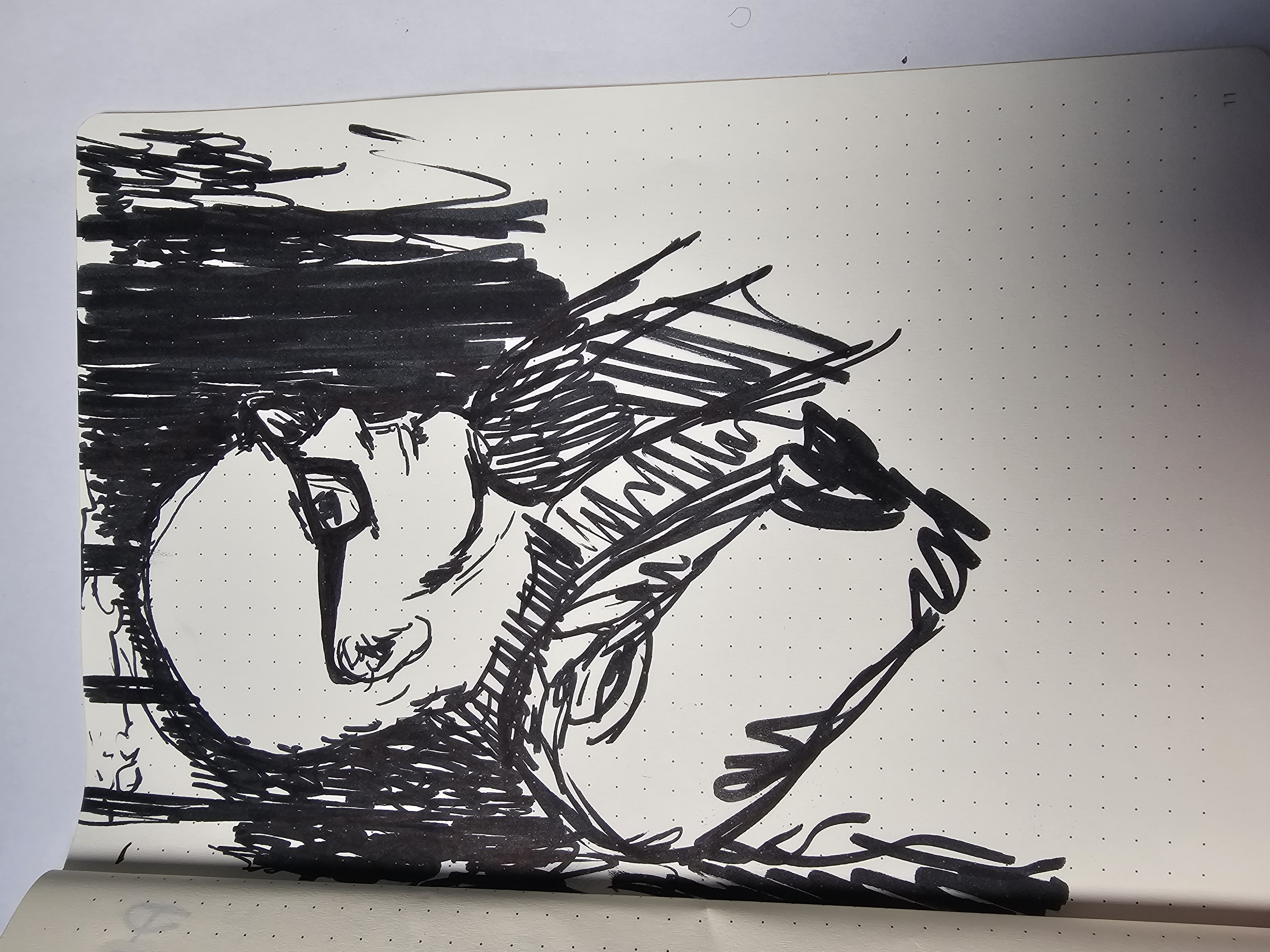 Marcus sitting listening (sketch) with a dark background