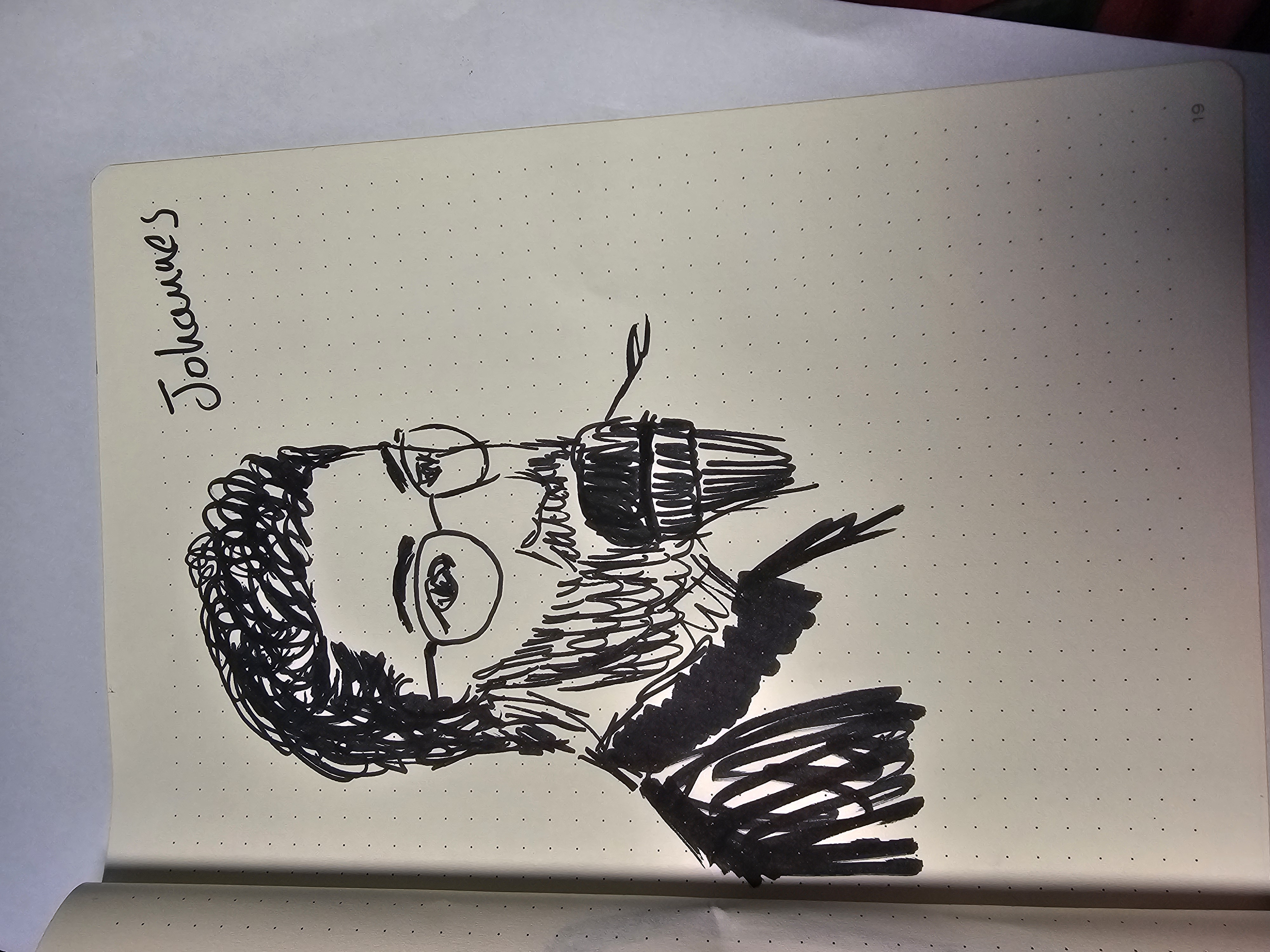 Sketch of Johannes, a German man wearing glasses, holding a mic