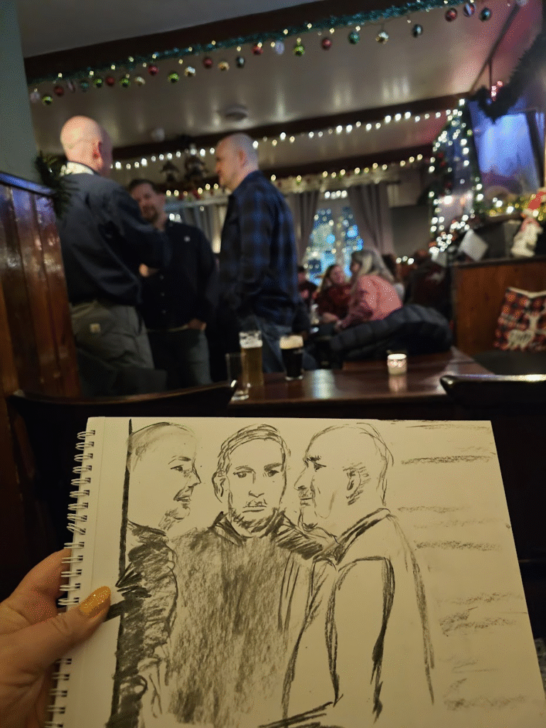 A sketch of 3 men standing in an Irish pub, held up in view of the subjects